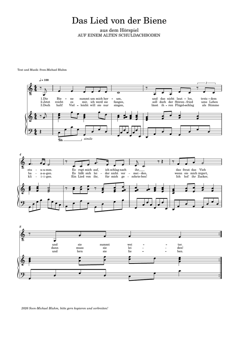 Das Lied von der Biene · Gesang & Klavier – Notenblatt, erste Seite